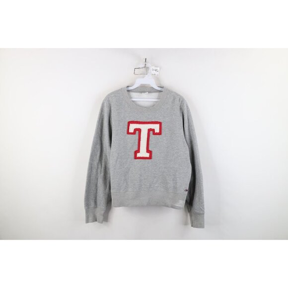 Vintage 90s Y2K Tommy Hilfiger Womens XL Cropped Varsity T Patch Sweatshirt Gray - Picture 1 of 13
